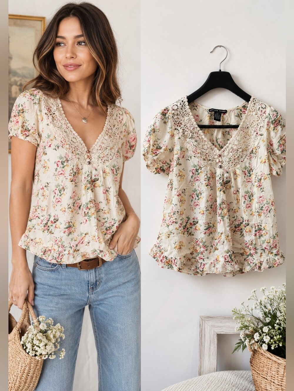Antilia Femme Floral Cotton Lace Blouse Cottagecore Romantic Boho Top M